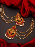 Aadita Red Gold-Toned & White Pearls Studded Contemporary Drop Earrings With Hair Chain | Grocsy