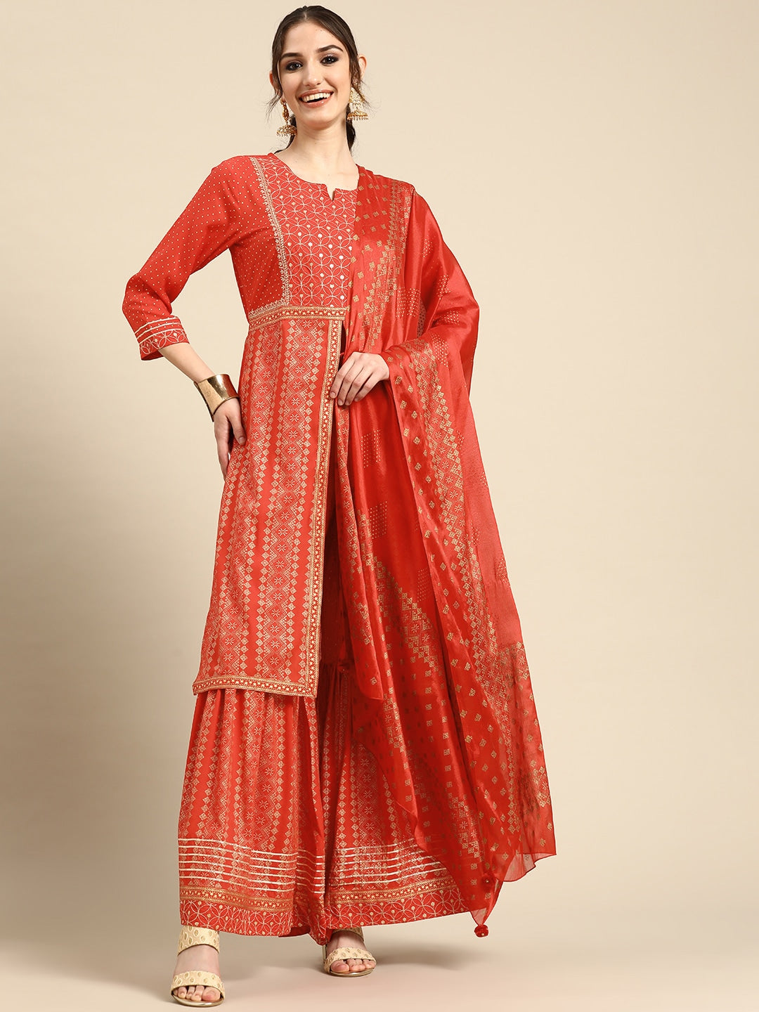 Sangria Women Ethnic Motifs Embroidered Sequinned Kurta with Sharara With Dupatta | Grocsy