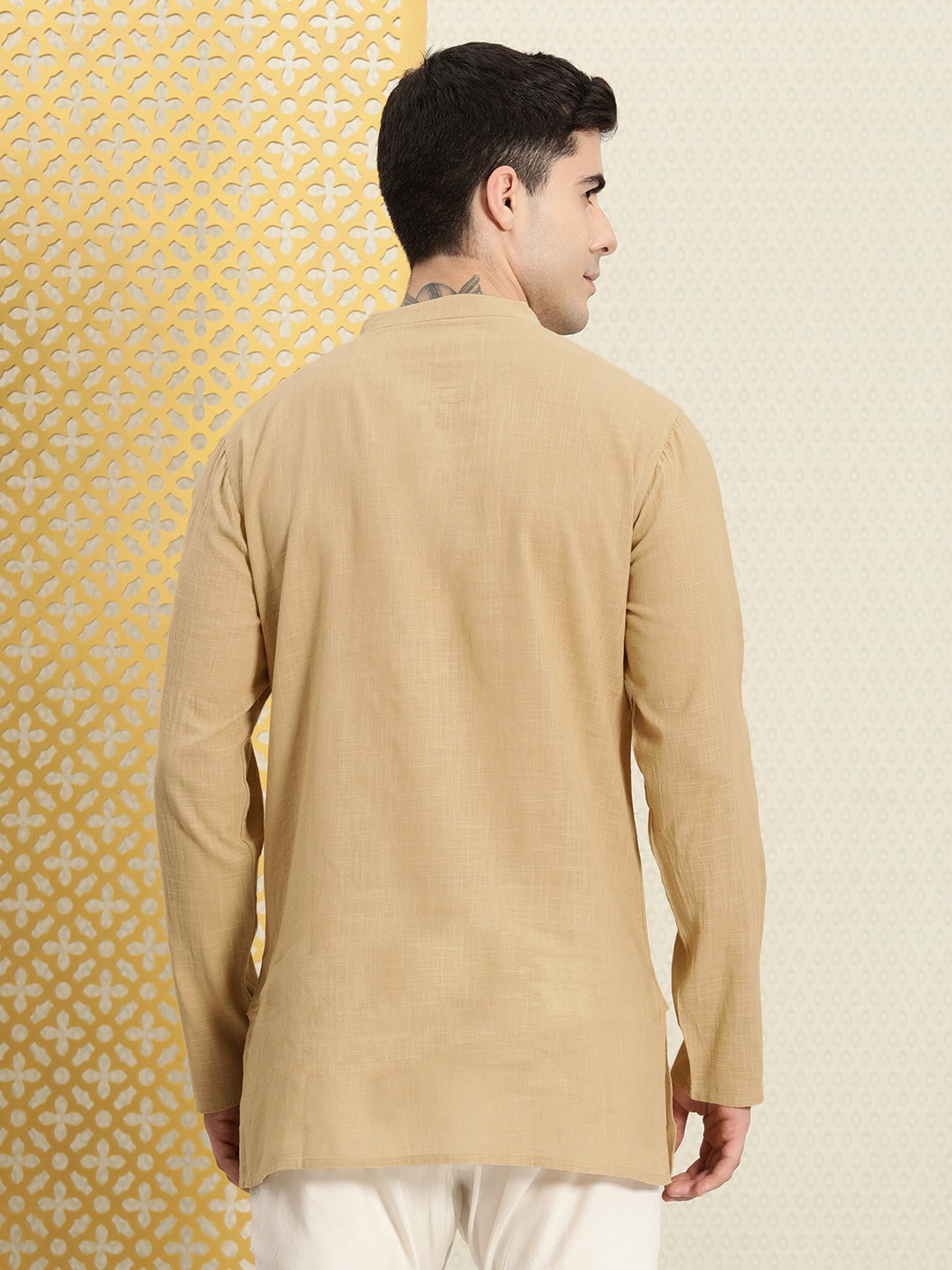 House of Pataudi Men Pure Cotton Solid Chikankari Jashn Short Kurta | Grocsy