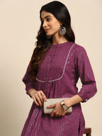 All About You Striped Pleated Sequinned Pure Cotton Kurta with Trousers | Grocsy