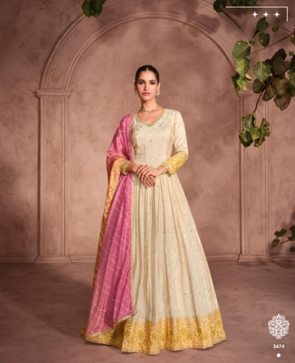 Anaita Off White & Yellow Viscose Shimmer Embroidered Readymade Anarkali Suit | Grocsy