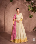 Anaita Off White & Yellow Viscose Shimmer Embroidered Readymade Anarkali Suit | Grocsy