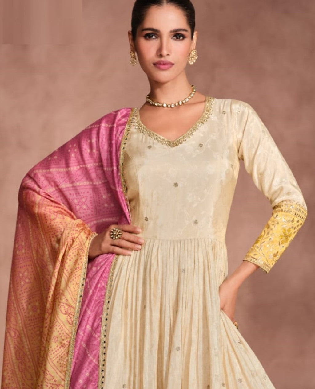Anaita Off White & Yellow Viscose Shimmer Embroidered Readymade Anarkali Suit | Grocsy