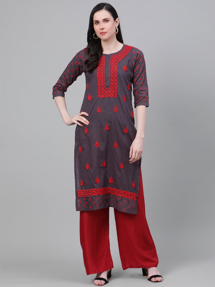 ADA Women Charcoal Grey & Red Chikankari Hand Embroidered Cotton Straight Sustainable Handloom Kurta | Grocsy