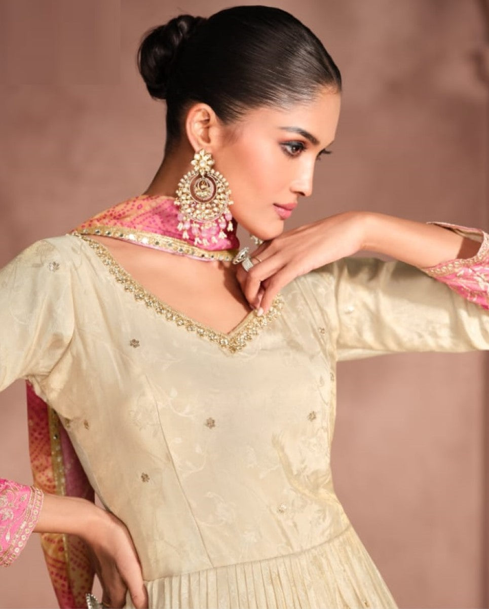 Anaita Off White & Pink Viscose Shimmer Embroidered Readymade Anarkali Suit | Grocsy