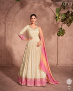 Anaita Off White & Pink Viscose Shimmer Embroidered Readymade Anarkali Suit | Grocsy