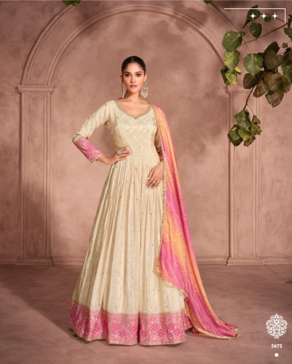 Anaita Off White & Pink Viscose Shimmer Embroidered Readymade Anarkali Suit | Grocsy