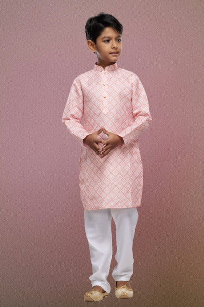 Raivat Ethnic Cotton Digital Print Kids Kurta Pajama In Peach Colour | Grocsy