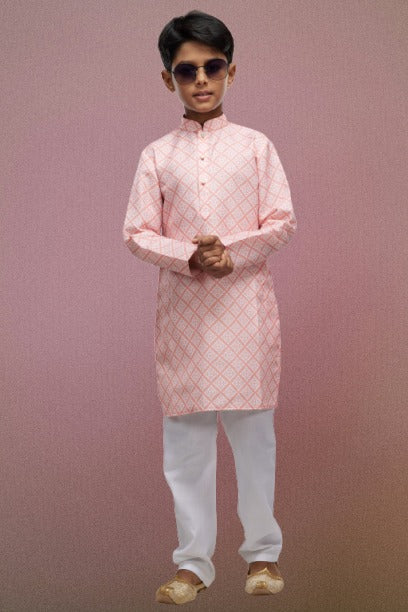 Raivat Ethnic Cotton Digital Print Kids Kurta Pajama In Peach Colour | Grocsy