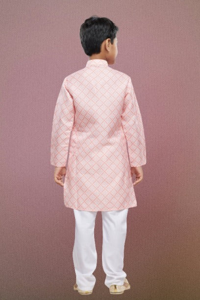 Raivat Ethnic Cotton Digital Print Kids Kurta Pajama In Peach Colour | Grocsy