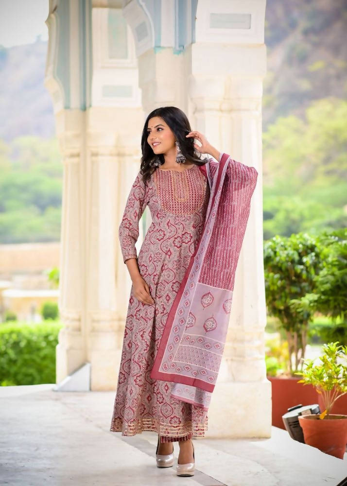 Yufta Women Maroon Printed Kurta with Palazzo and Dupatta | Grocsy