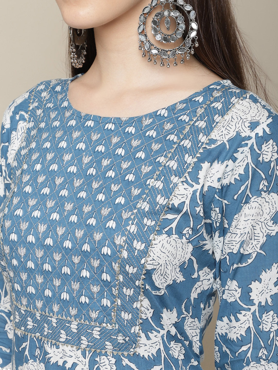 Sangria Women Blue Ethnic Motifs Printed Gotta Patti Pure Cotton Kurta with Trousers & With Dupatta | Grocsy