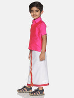 Sethukrishna Pink & White Solid Shirt and Veshti Set | Grocsy
