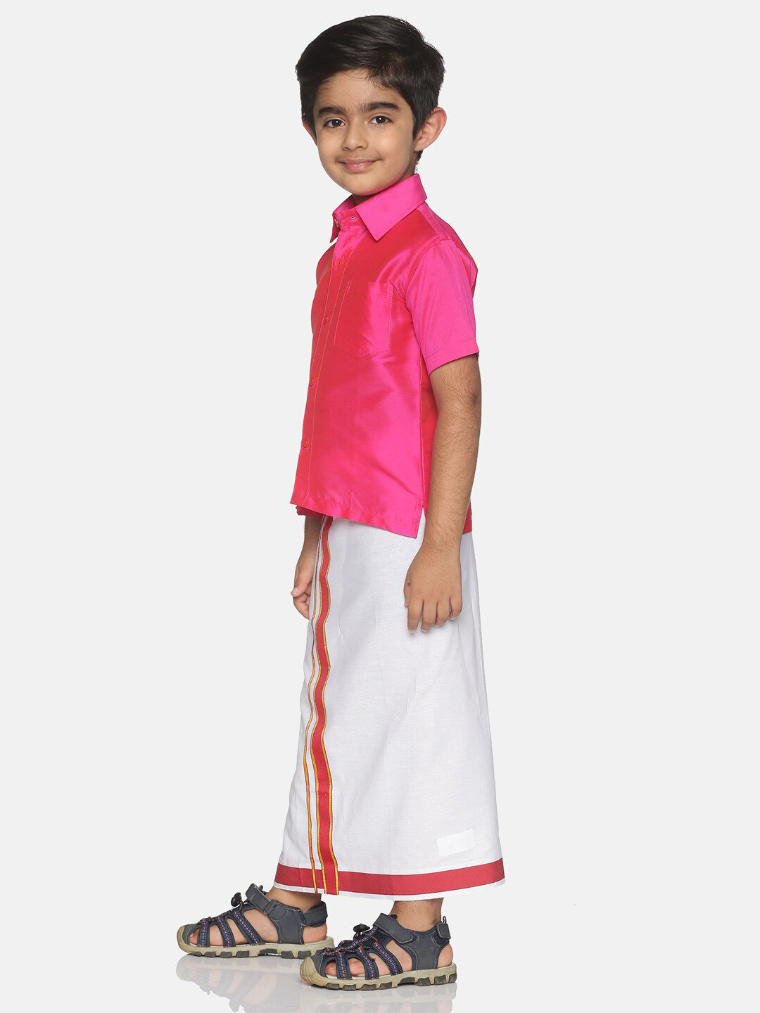 Sethukrishna Pink & White Solid Shirt and Veshti Set | Grocsy