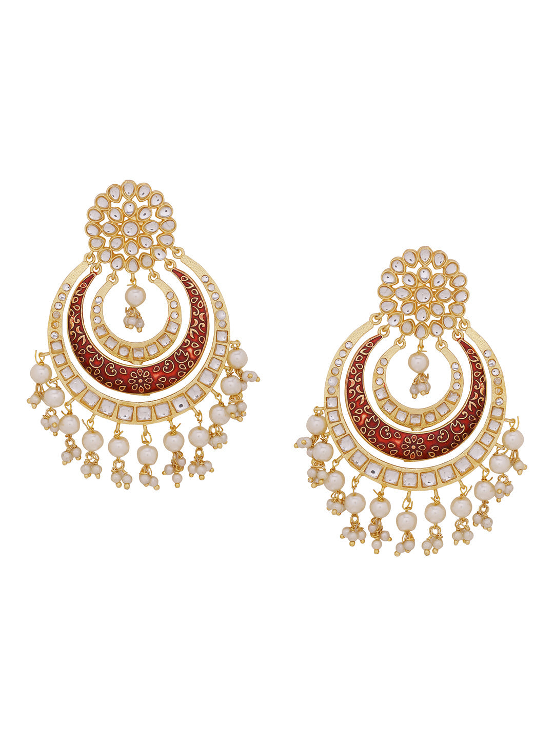 Shoshaa Red & Off-White Kundan Studded & Beaded Crescent Shaped Chandbalis | Grocsy