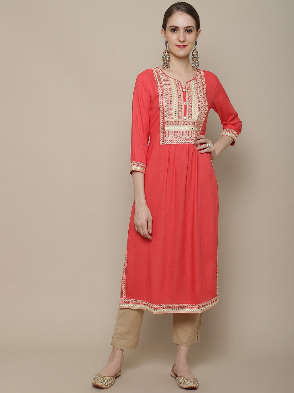 Sangria Women Coral Ethnic Motifs Yoke Design Kurta | Grocsy