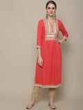 Sangria Women Coral Ethnic Motifs Yoke Design Kurta | Grocsy