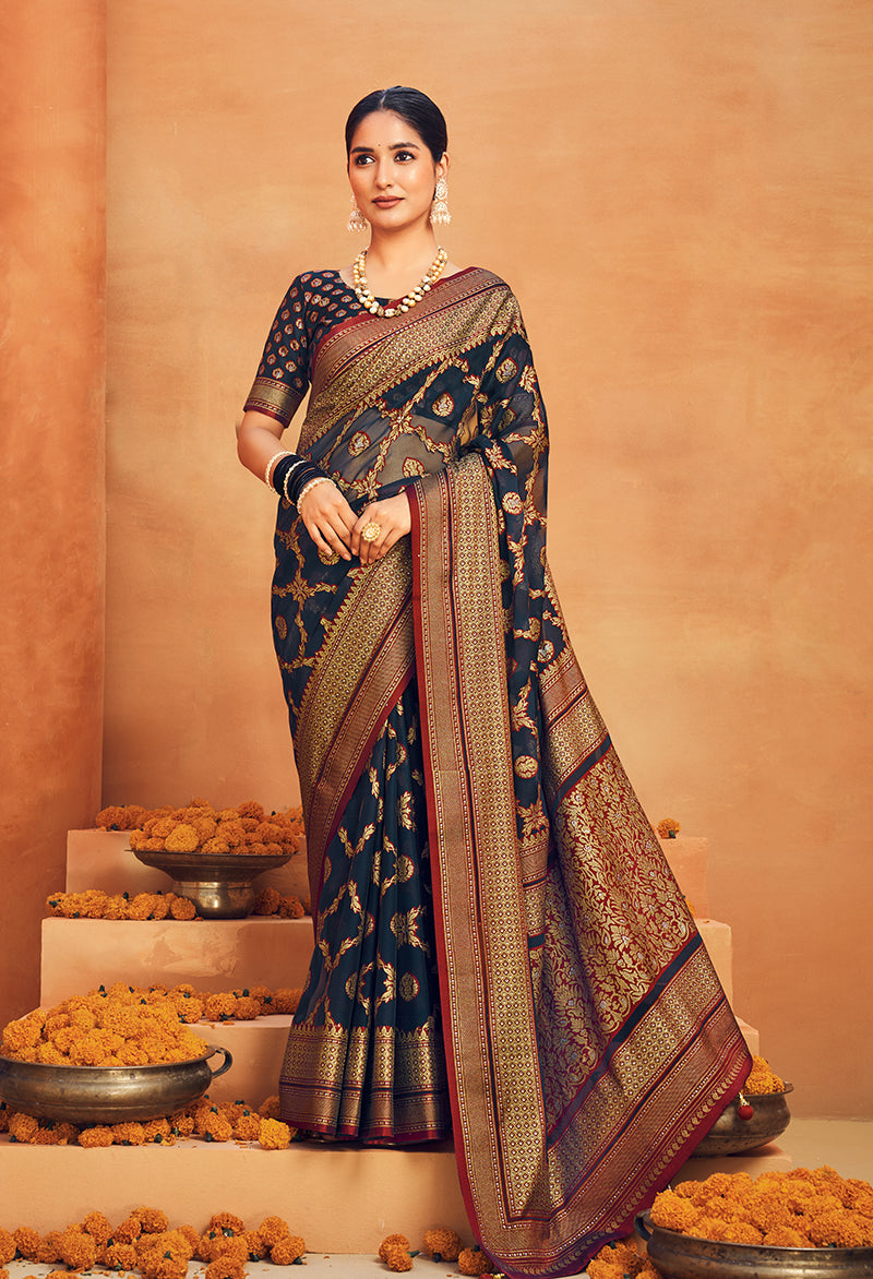 Monjolika Fashion Navy Blue Georgette Woven Festival Designer Saree | Grocsy