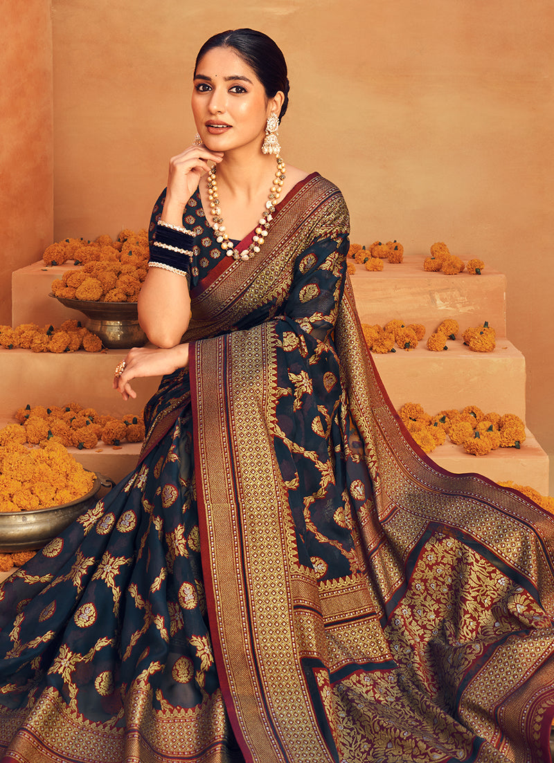 Monjolika Fashion Navy Blue Georgette Woven Festival Designer Saree | Grocsy