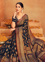 Monjolika Fashion Navy Blue Georgette Woven Festival Designer Saree | Grocsy
