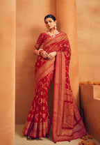 Monjolika Fashion Red Georgette woven Festival Designer Saree | Grocsy