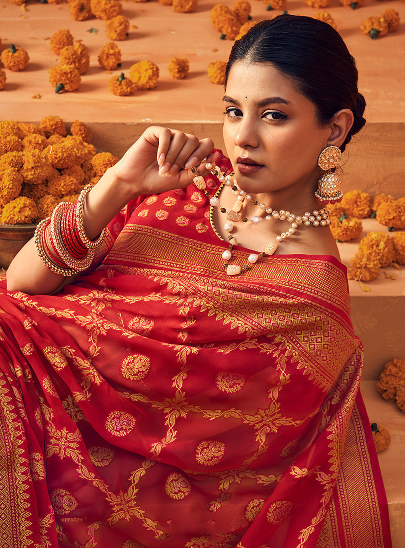 Monjolika Fashion Red Georgette woven Festival Designer Saree | Grocsy