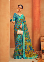 Monjolika Fashion Aqua Blue Georgette Printed Festival Designer Saree | Grocsy