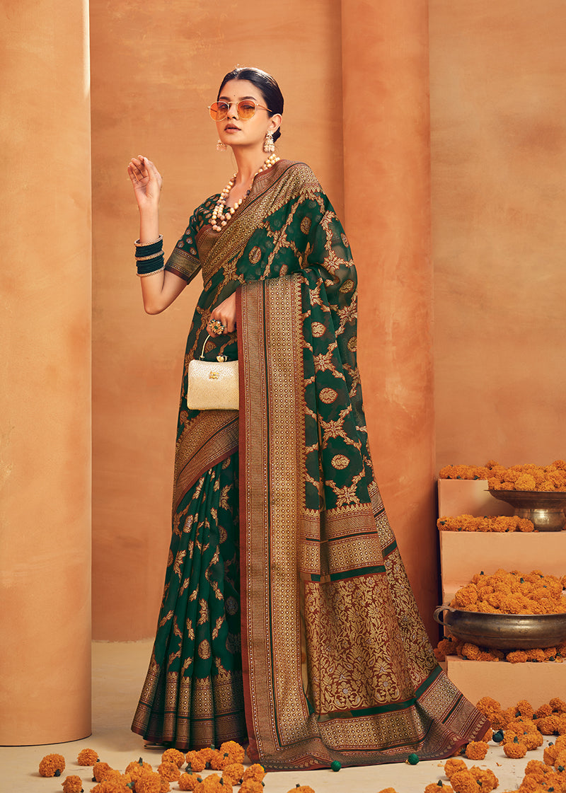 Monjolika Fashion Dark Green Georgette Woven Festival Designer Saree | Grocsy