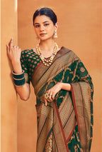 Monjolika Fashion Dark Green Georgette Woven Festival Designer Saree | Grocsy