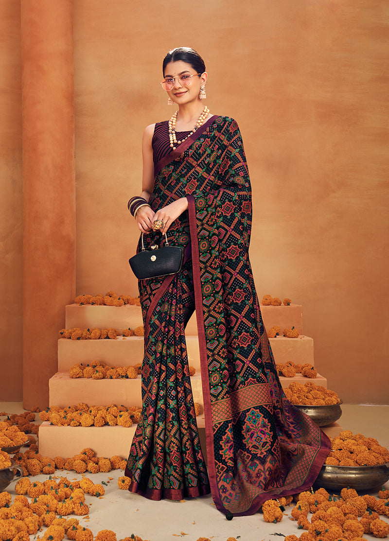 Monjolika Fashion Black Georgette Printed Festival Designer Saree | Grocsy