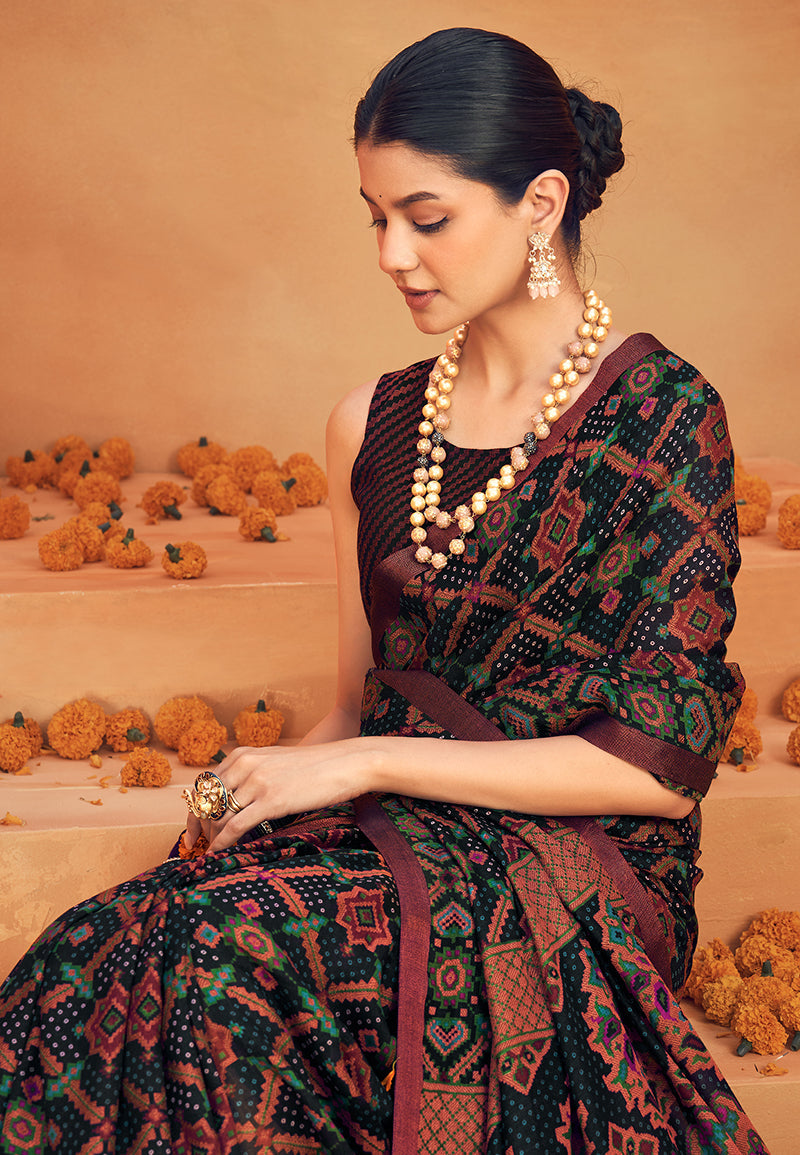 Monjolika Fashion Black Georgette Printed Festival Designer Saree | Grocsy