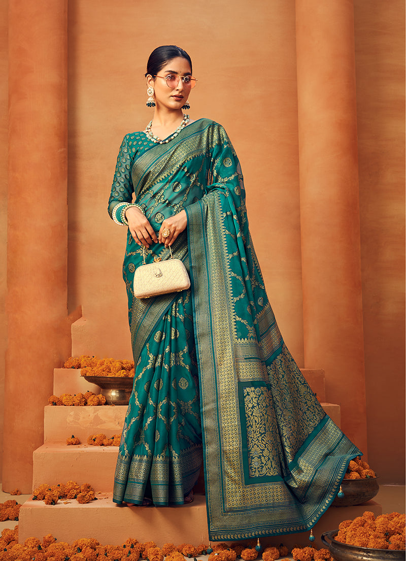 Monjolika Fashion Teal Georgette Woven Festival Designer Saree | Grocsy