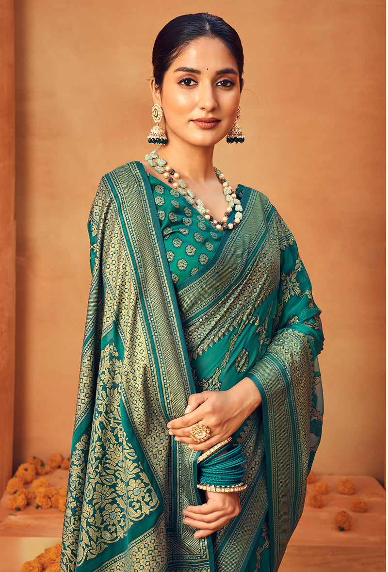 Monjolika Fashion Teal Georgette Woven Festival Designer Saree | Grocsy