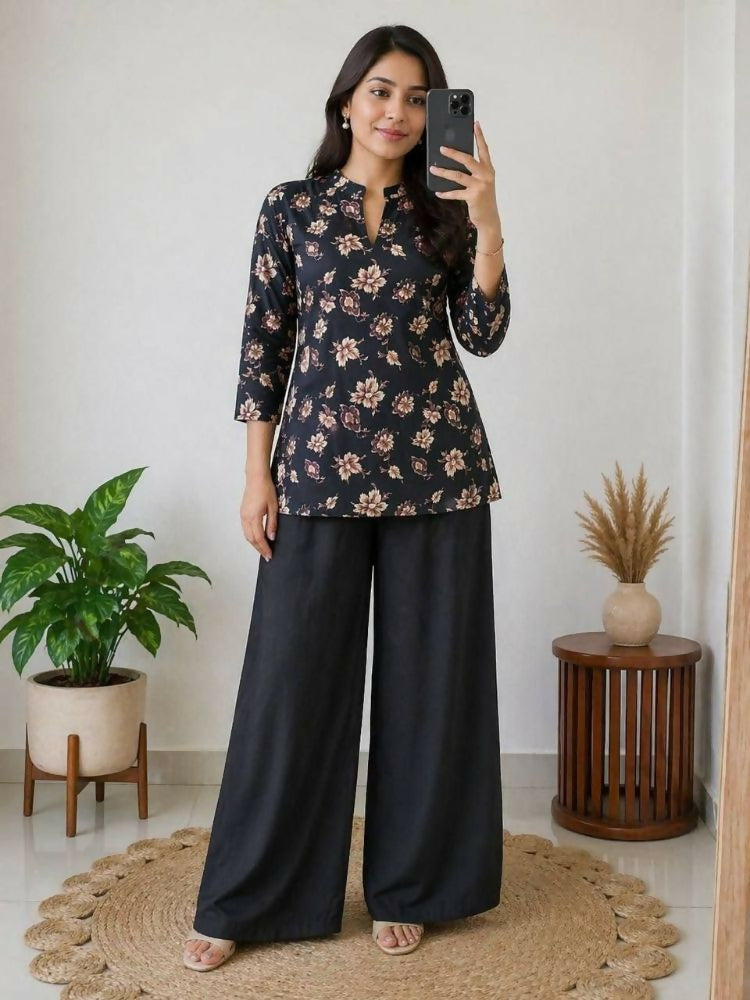 Teeya Creation Women Black & Beige Floral Printed Cotton Kurti with Black Wide-Leg Palazzo Set | Grocsy