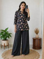 Teeya Creation Women Black & Beige Floral Printed Cotton Kurti with Black Wide-Leg Palazzo Set | Grocsy