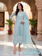 Teeya Creation Womens New Soft Net With Heavy Embroiedery With Sequence Work Sky-Blue Kurta Set | Grocsy