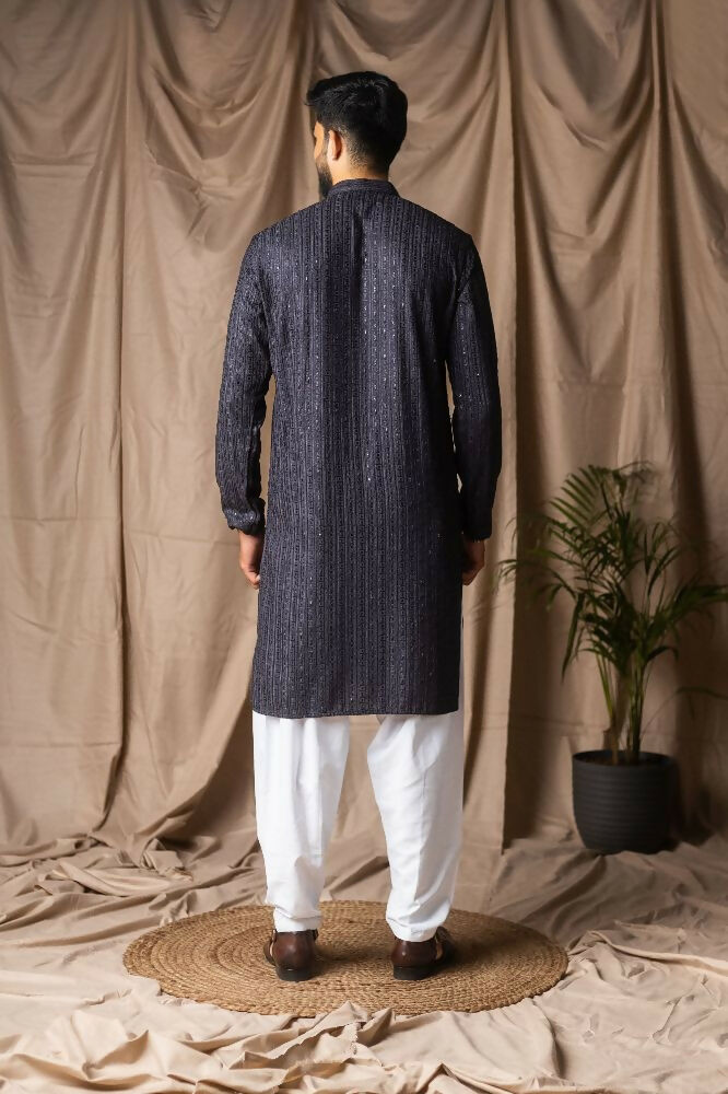 Dark Grey Rayon Thread Embroidery Work Kurta Set - Mahotsav | Grocsy