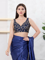 Joban Fashion Navy-Blue Mulberry Silk Sleeveless Back Open Blouse | Grocsy