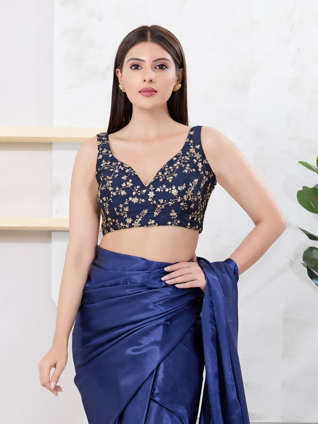 Joban Fashion Navy-Blue Mulberry Silk Sleeveless Back Open Blouse | Grocsy