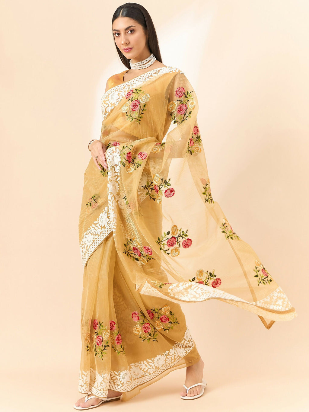 Beige Organza Floral Embroidered Saree with Unstitched Blouse Piece - Roozal | Grocsy
