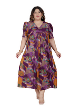 Miravan Womens Plus Size Floral Print Puff Sleeve Pure Cotton Magenta Butterfly Maxi Dress | Grocsy