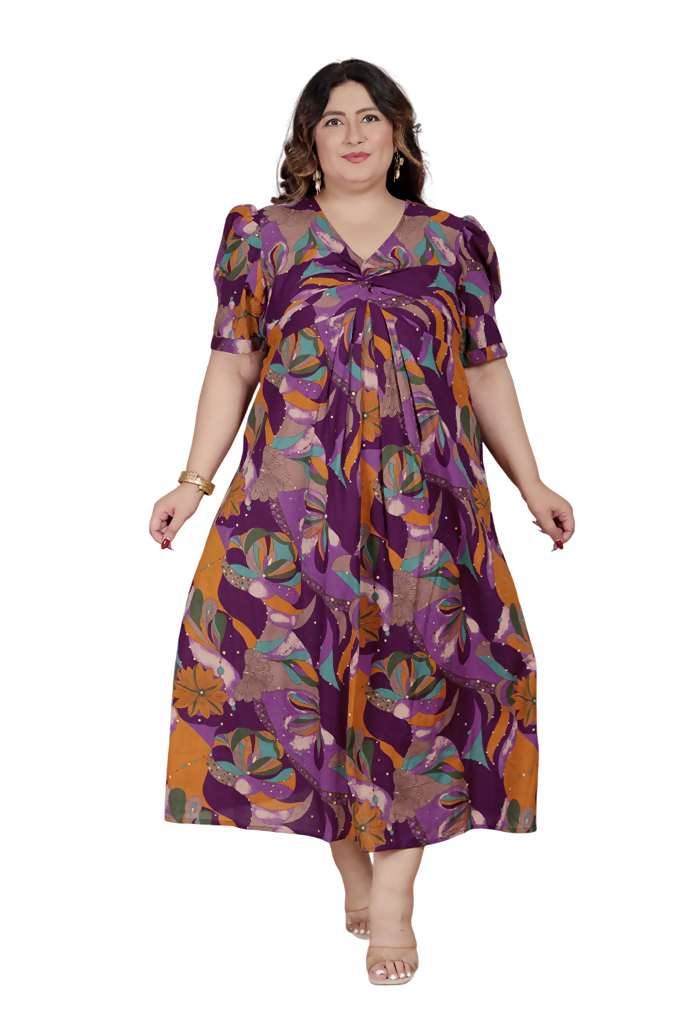 Miravan Womens Plus Size Floral Print Puff Sleeve Pure Cotton Magenta Butterfly Maxi Dress | Grocsy