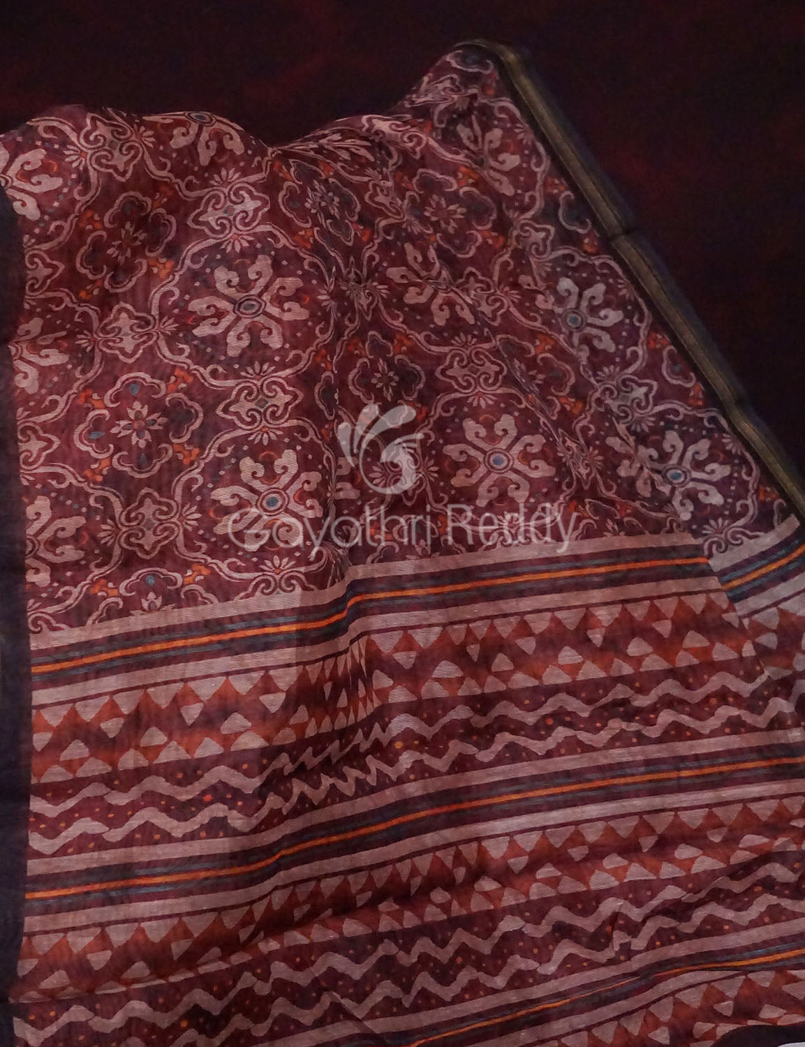 Wine Colored Floral Design Semi Chanderi Saree By Gayathri Reddy Designer Studio | Grocsy