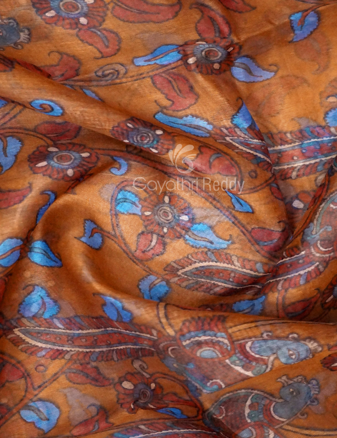 Shades of Mustard Colour Kalamkari Print Semi Chanderi Saree By Gayathri Reddy Designer Studio | Grocsy