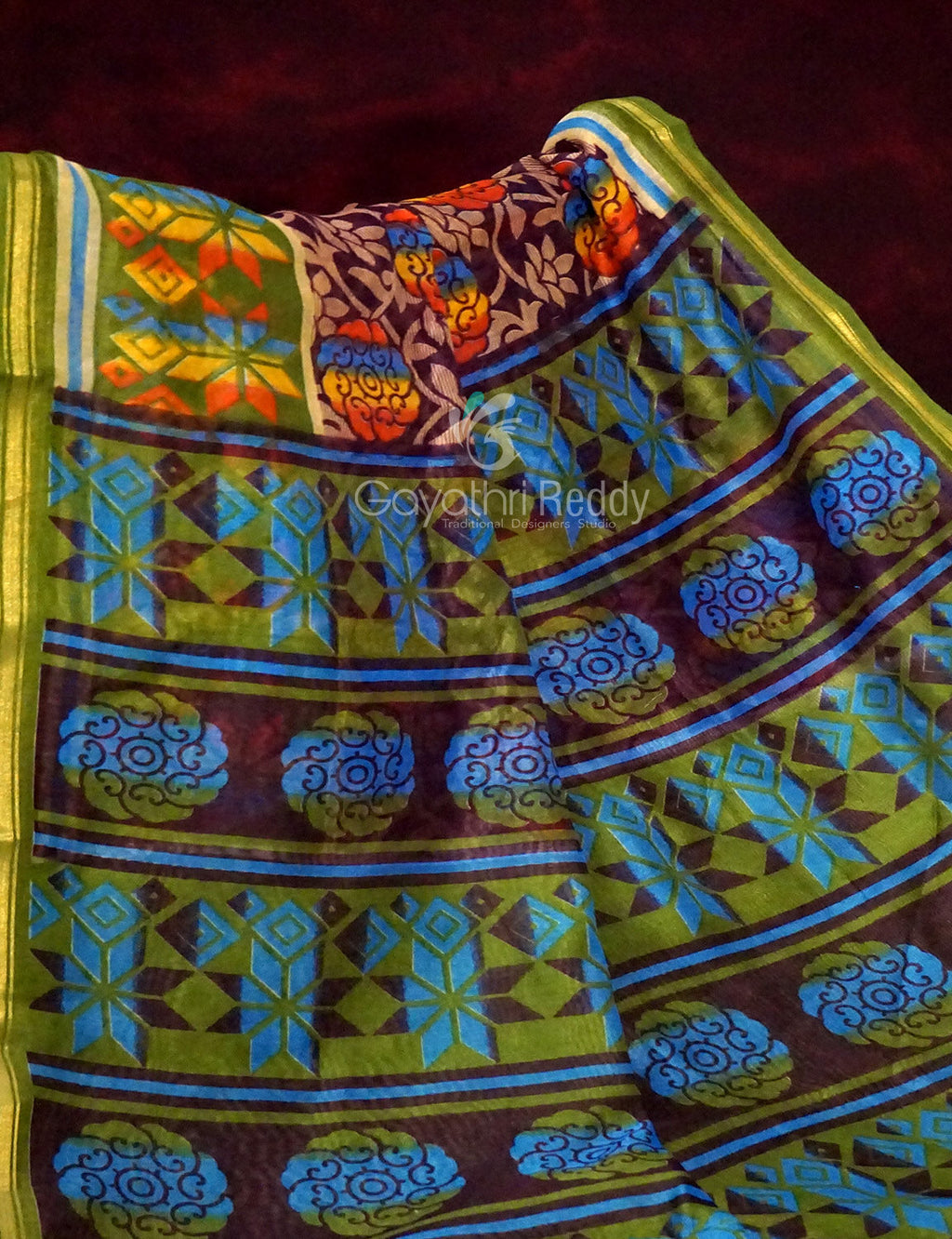 Shades of Dark Wine With Leaf Green Blouse Creeper Design Semi Chanderi Saree By Gayathri Reddy Designer Studio | Grocsy