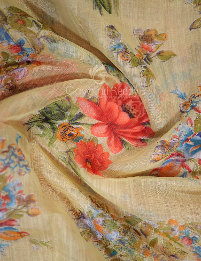 Shades of Light Dry Mehendi With Floral Print Semi Chanderi Saree By Gayathri Reddy Designer Studio | Grocsy