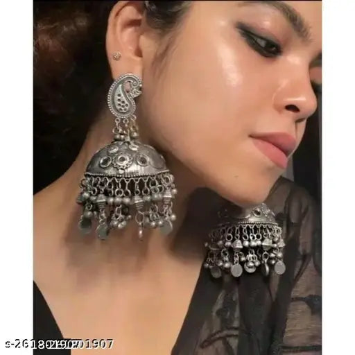 Tehzeeb Creations Women's Black Colour Oxidised Jhumki | Grocsy