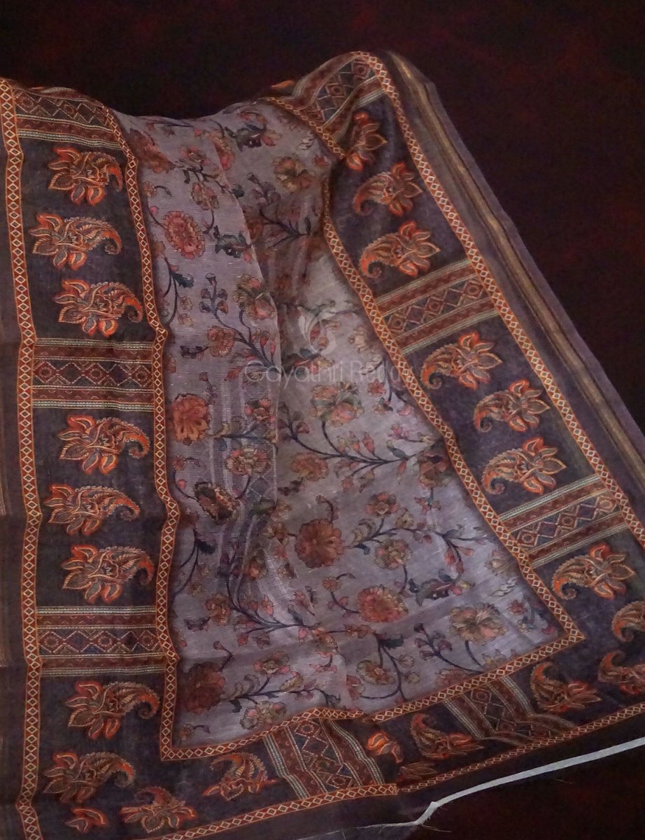 Baby Brown Mix With Pink Floral Design Printed Semi Chanderi Saree By Gayathri Reddy Designer Studio | Grocsy