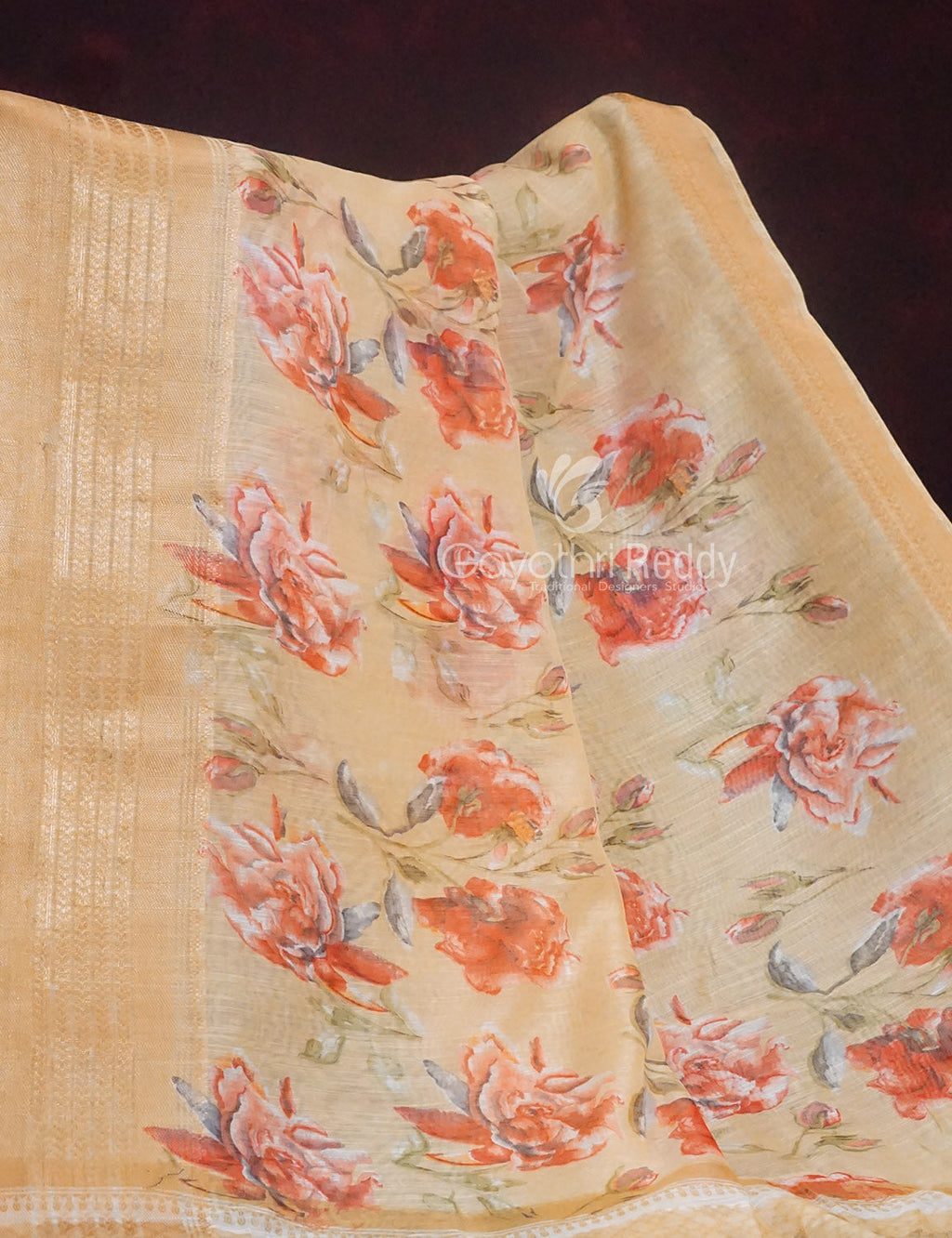 Shades of Wheat with Floral Design Semi Chanderi Saree By Gayathri Reddy Designer Studio | Grocsy