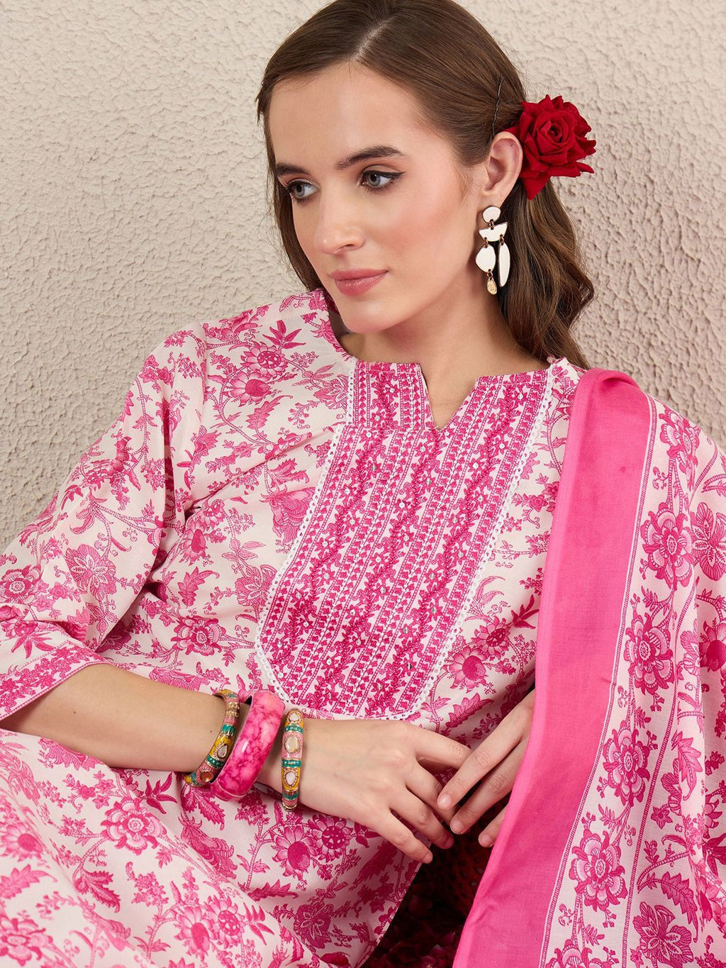Indo Era Women Floral Printed Kurta with Trousers & Dupatta | Grocsy